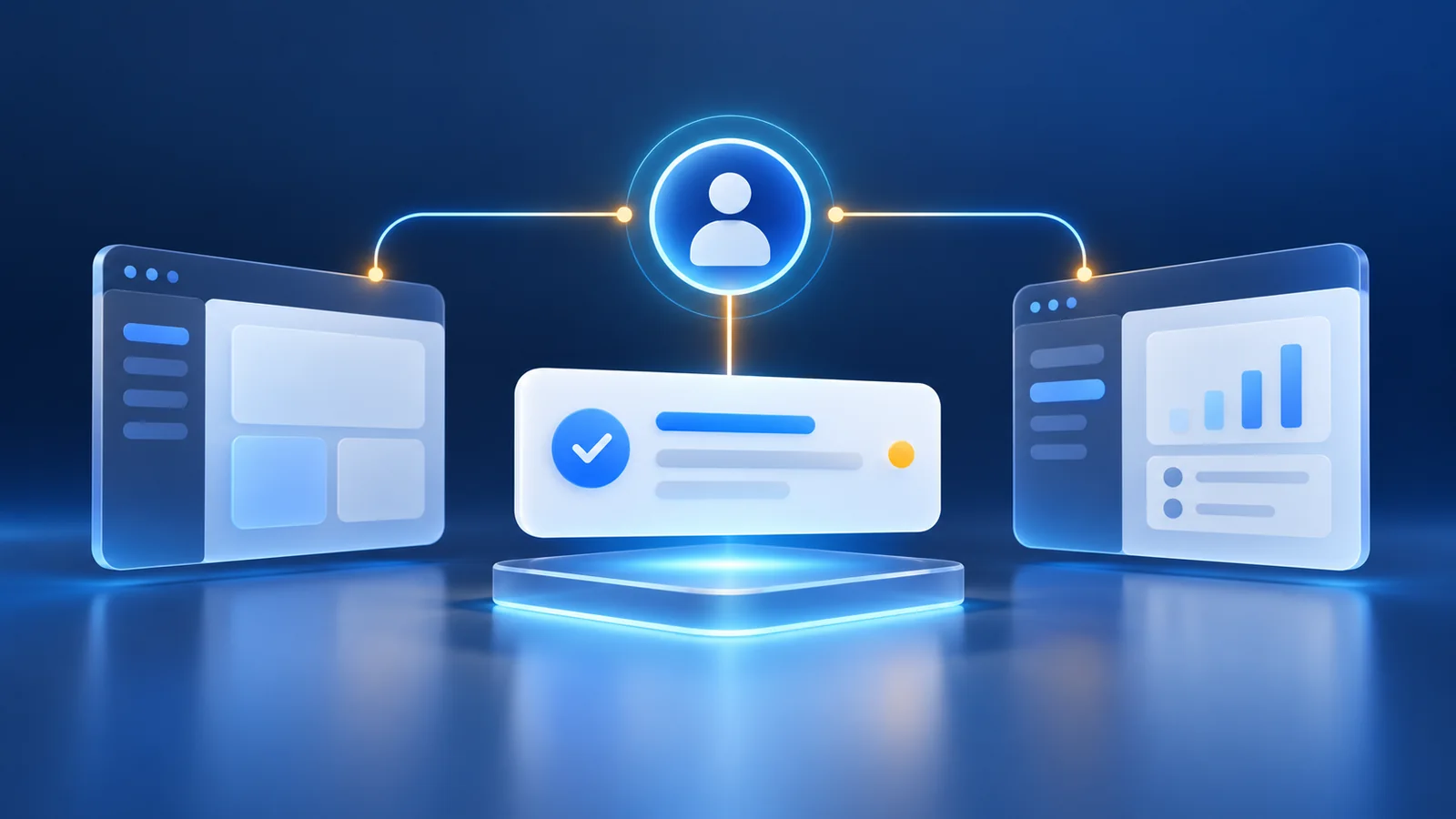 一个员工身份标记连接 AI 任务卡片与两个业务应用窗口,表现任务身份需要在系统切换时保持一致
